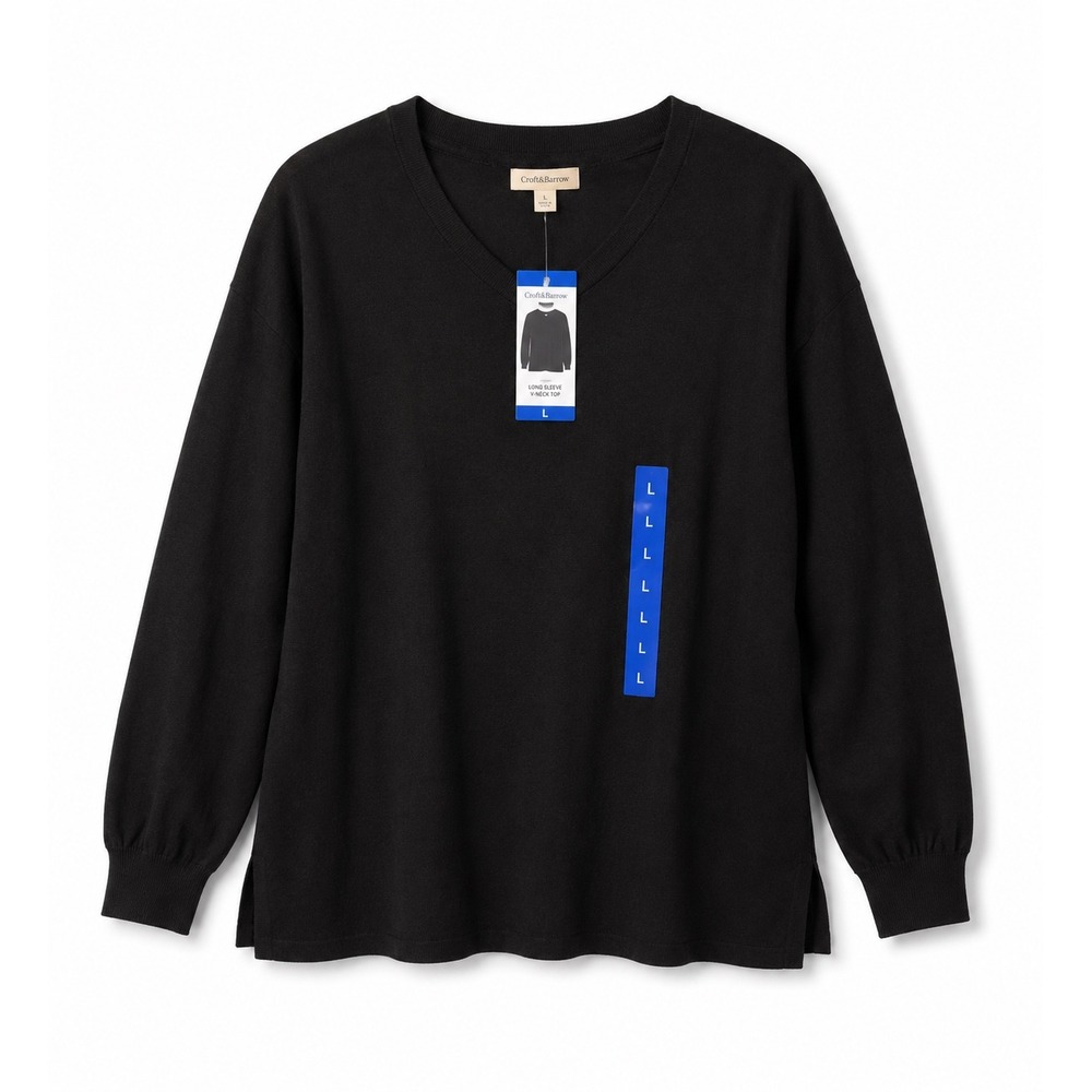 Lucky Brand V-Neck Sweater Womens L Black Pullover Cotton Blend Raglan Sleeve